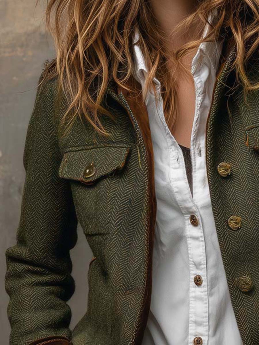 Rowena | Contrast-Trim Herringbone Blazer