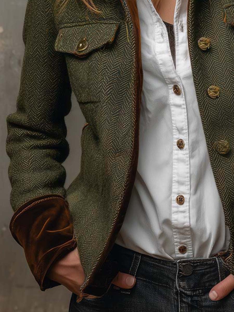 Rowena | Contrast-Trim Herringbone Blazer