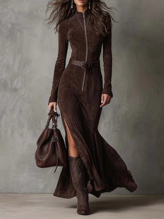 Solange | Long Belted Suede-Look Dress