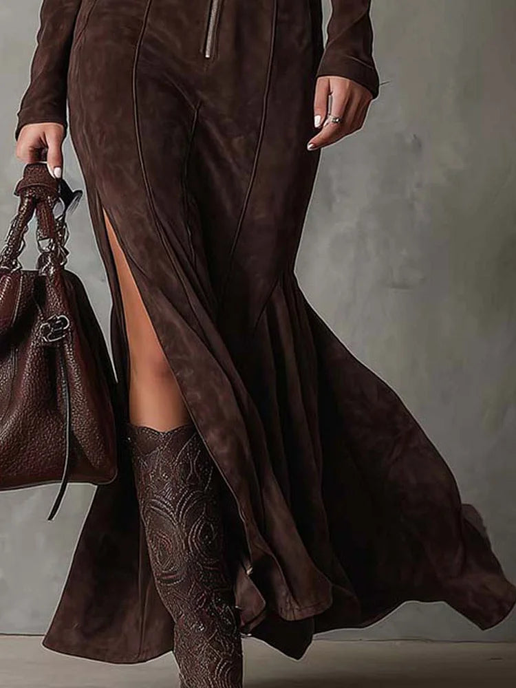 Solange | Long Belted Suede-Look Dress