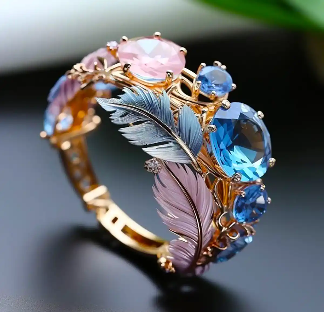 Vintage Exotic Feather Crystal Ring